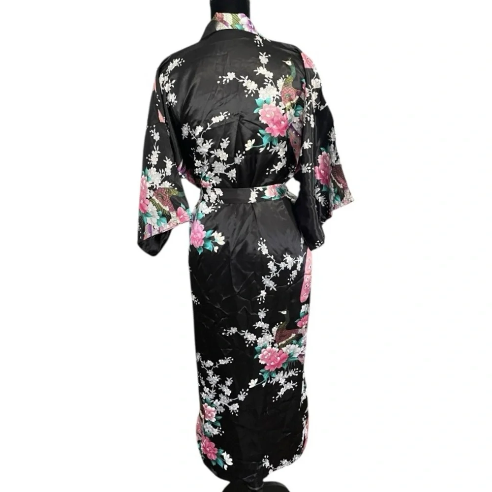 Japanese Long Kimono Robe Floral Satin Dressing Gown Retro Cherry Blossoms Pink - Picture 4 of 7